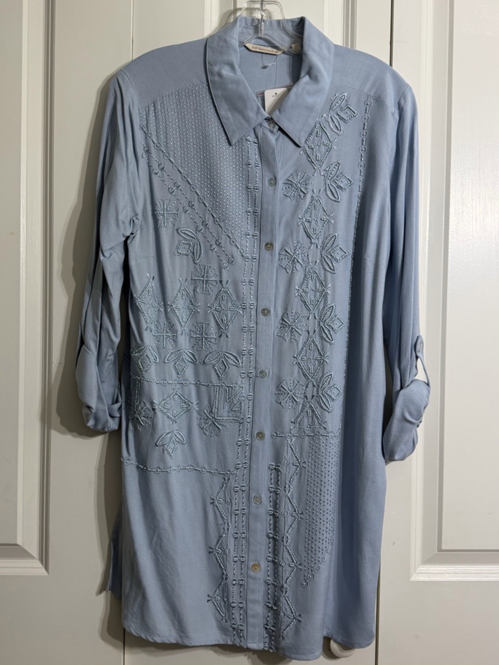 Soft Surroundings Mercia Blue Fog Embroidered Long Sleeve Tunic Shirt Size M